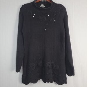 Vintage Floral Embriodered Mini Knit Sweater Dress size S black scallop hem 90s